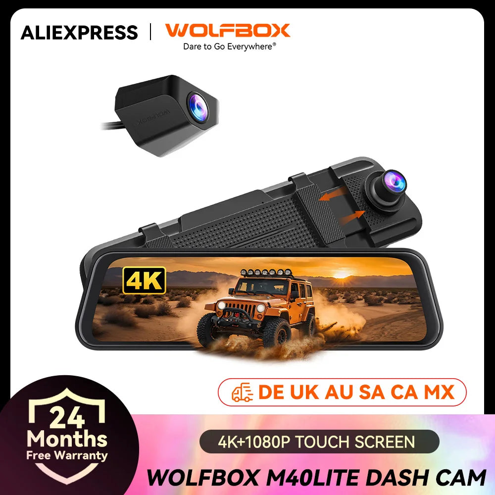 WOLFBOX M40lite Dash Cam 4K+1080P 10" Rear View Mirror Camera Video Recorder Front and Rear Dash Camer