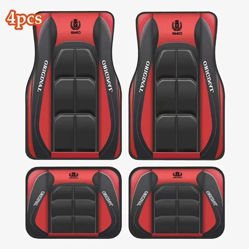 2D Flat 4-Piece Red Y-Shaped Car Carpet Set, Durable Polyester, Universal Fit for Sedans and SUVs, P