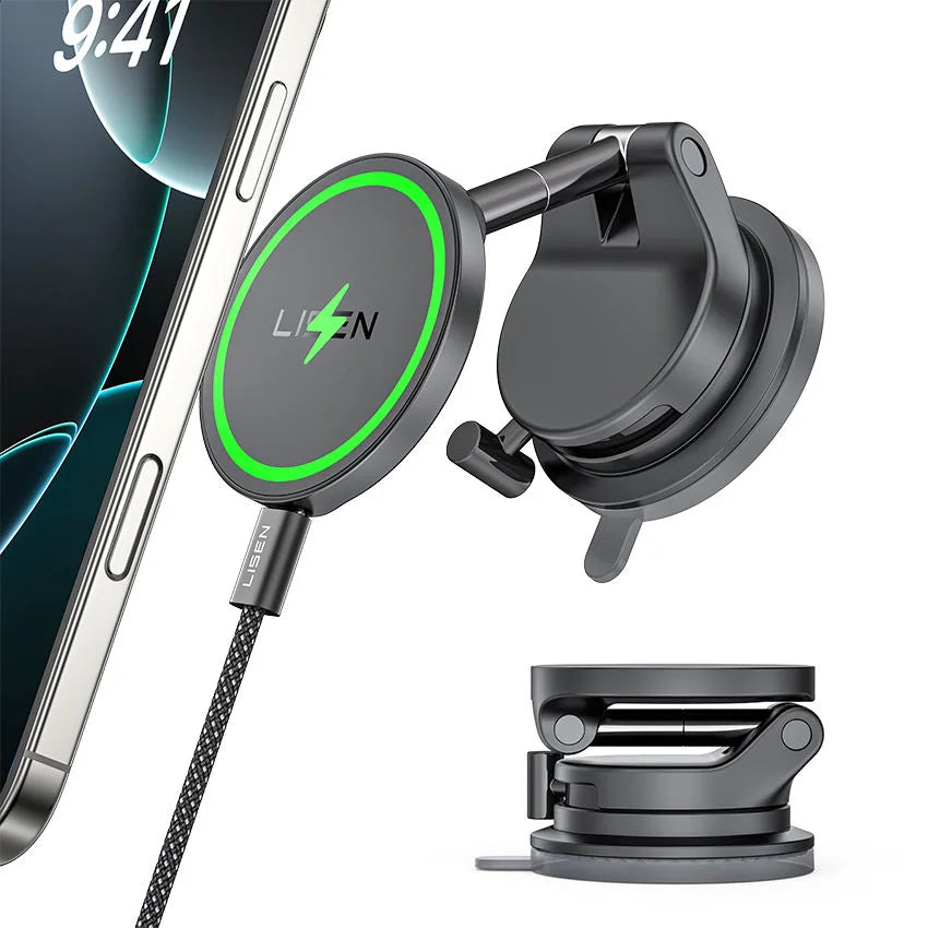 LISEN [More Stable ] Suction Cup Phone Mount,  Qi2.2 25W Wireless Car Charger for iPhone 17 16,15W for iPhone 17e 15 14 13 12