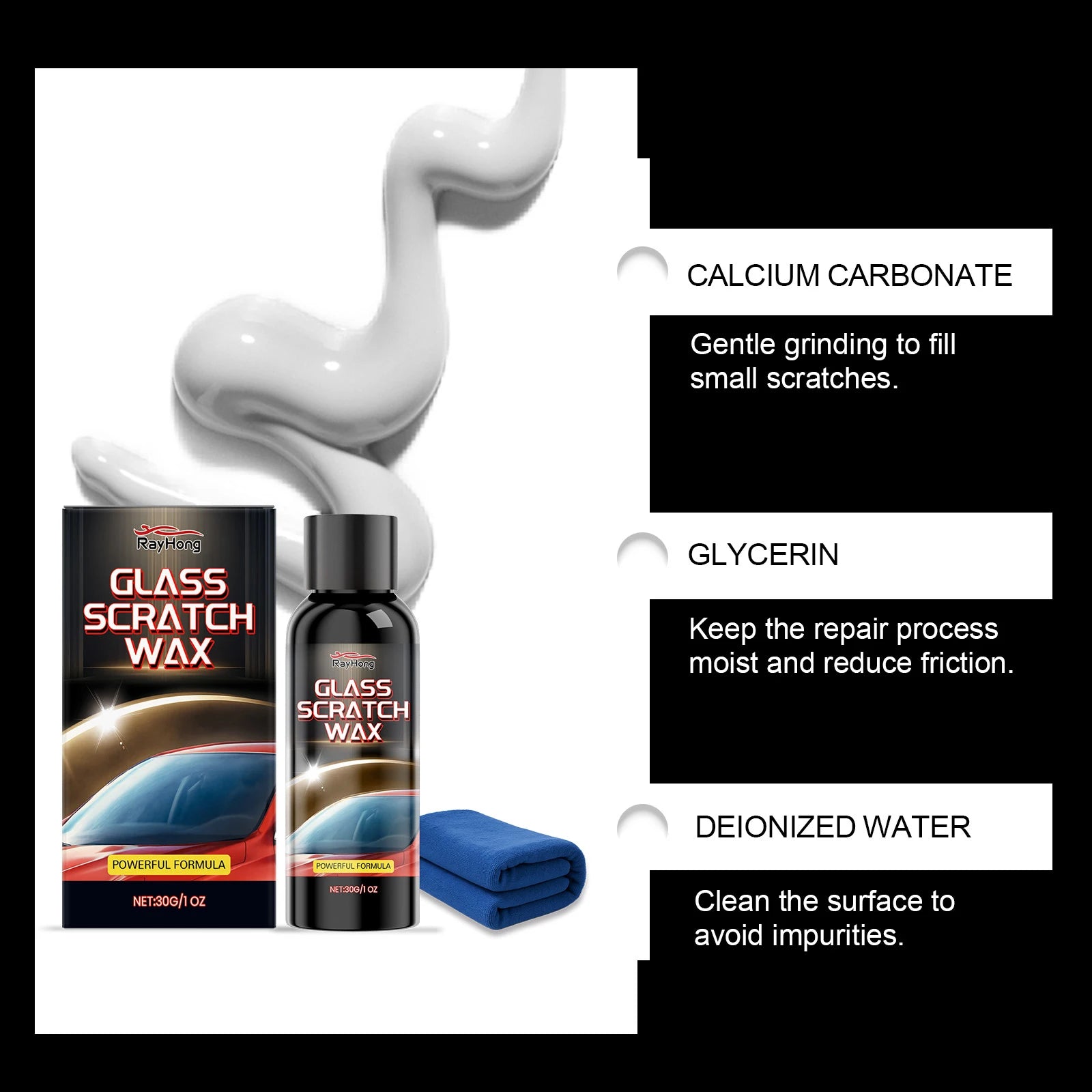 Glass Scratch Repair Paste with Towel Car Window & Bathroom Shower Glass Polishing Car close-up view