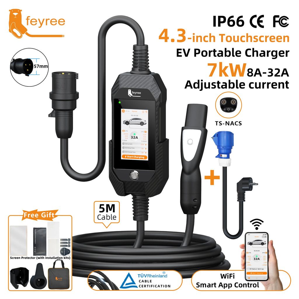 feyree 4.3 Inch Touch Screen Portable EV Charger | 7kW 32A Smart WiFi for Tesla lifestyle view