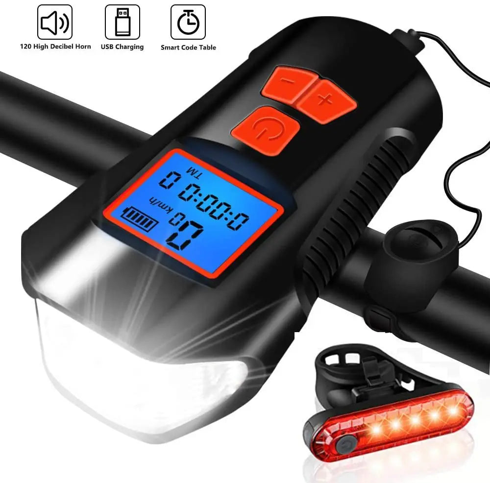 Bike Light Set,Bicycle Headlight with Horn and Speedometer Odometer,USB Rechargeable alternate view
