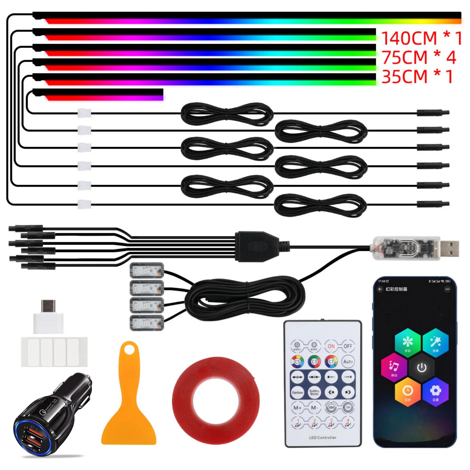 KEVANLY 10-in-1 RGB Car Ambient Light Kit | USB & APP Control, Footwell Atmosphere Lamps detail view