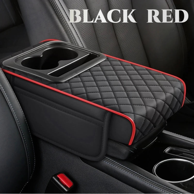 PU Leather Car Center Console Armrest Pad with Dual Pockets, Removable ABS Dual Cup Holder, 20 cm / 7.87 in. Wide
