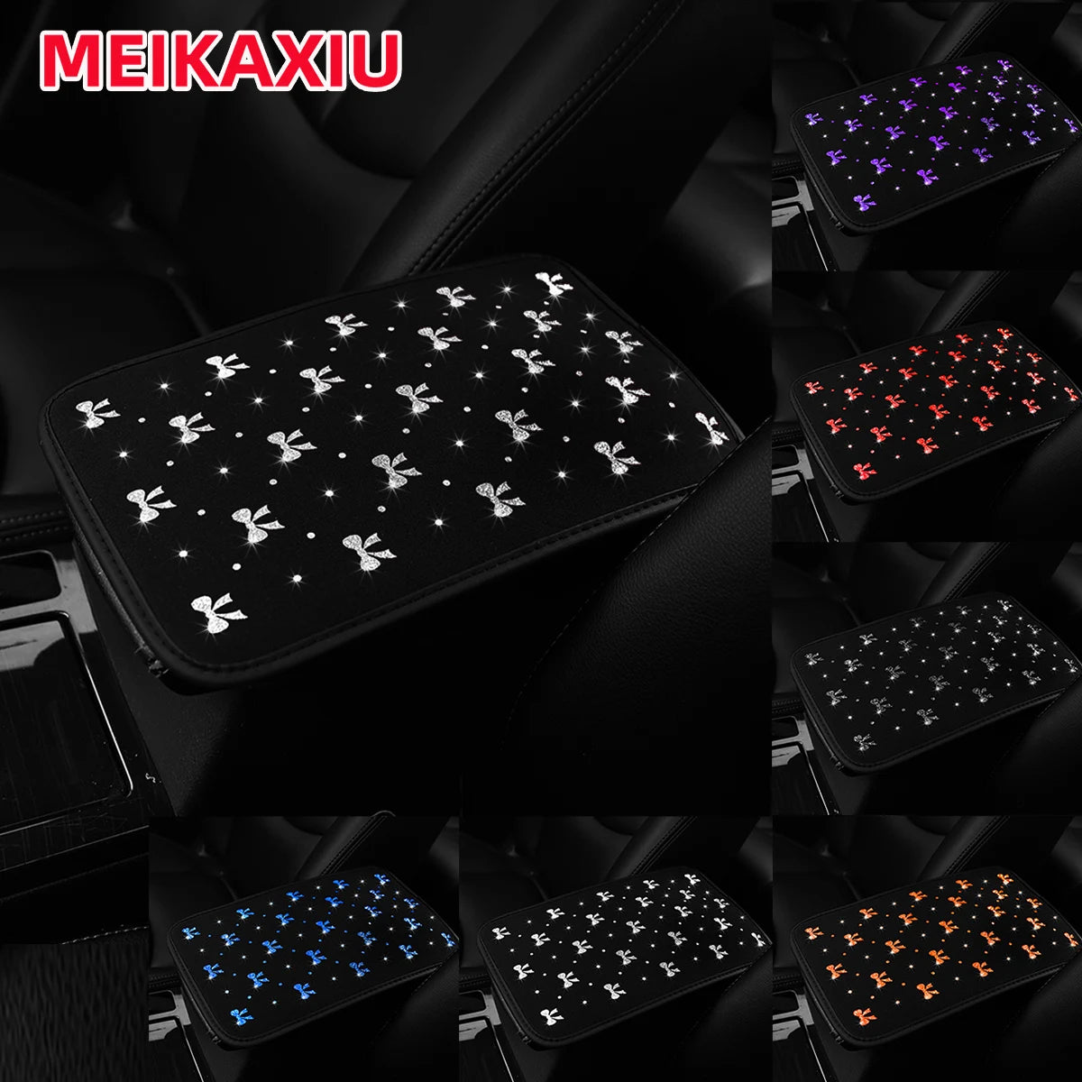 Blingbling Fabric Bow Tie Car Armrest Cover Pad Shiny Center Console Pad Women's Car Interior Accessory