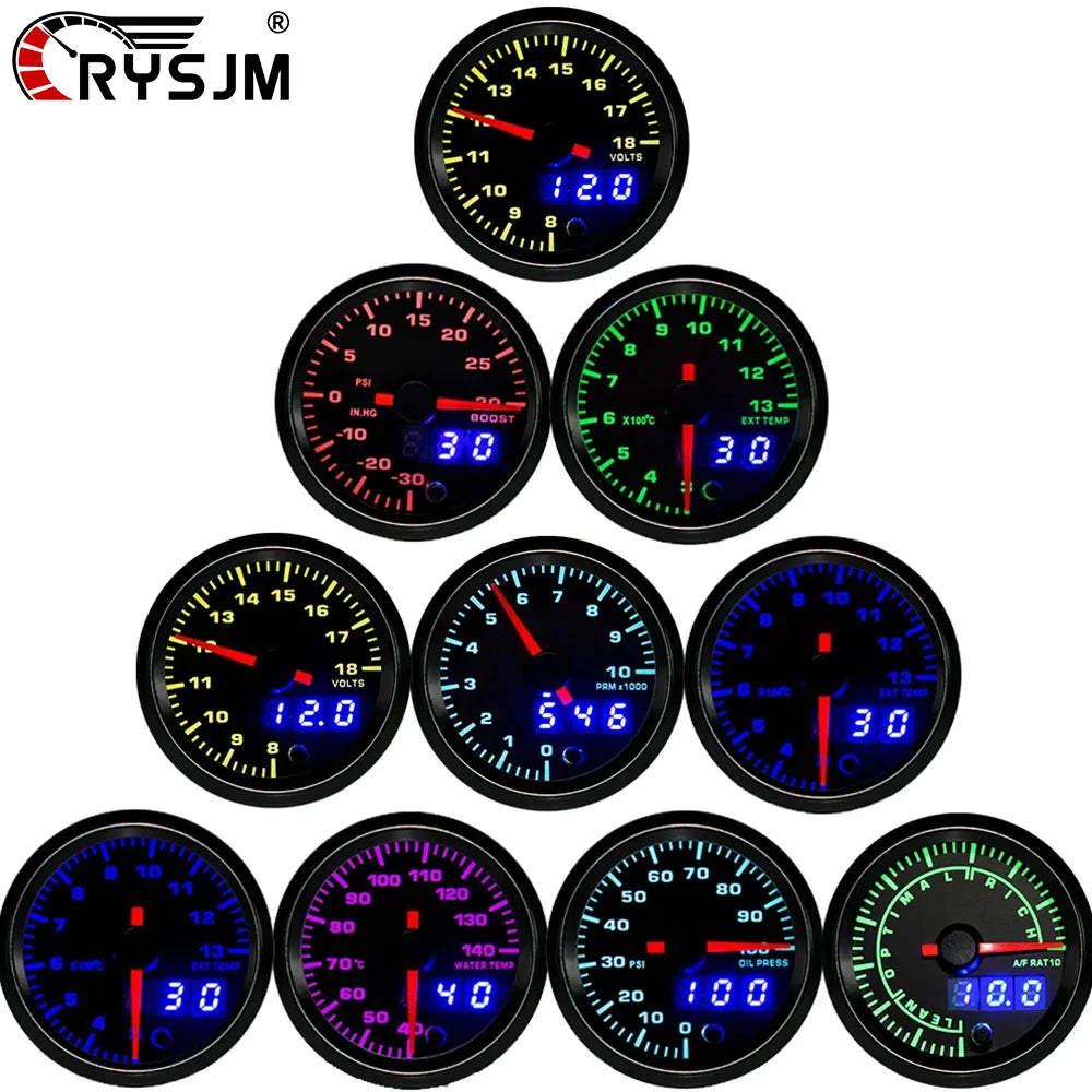 52mm 7 Color LED Dual Display Gauge | Boost PSI BAR Water Oil Temp Pressure Voltmeter Air Fuel Ratio