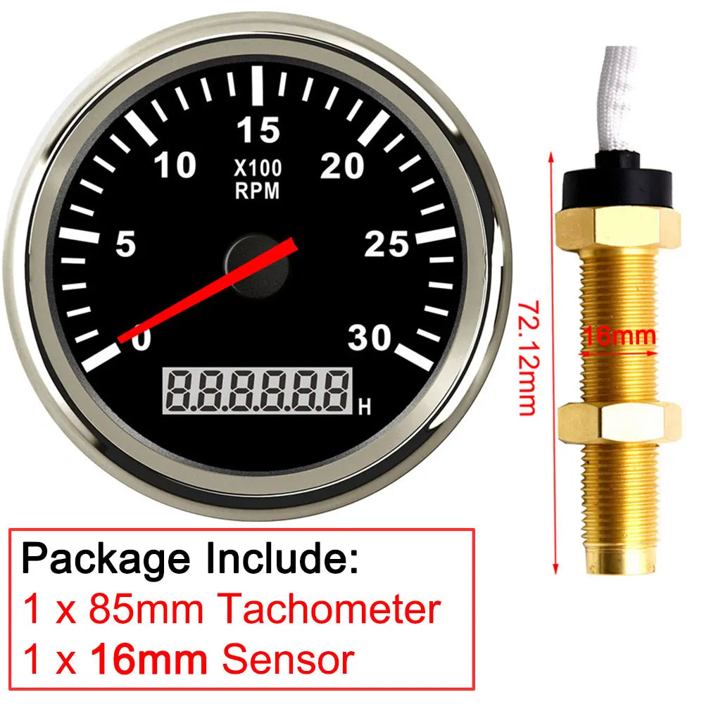3000RPM Tachometer 85mm with Sensor | Diesel Engine Marine Boat Car RPM Gauge Hour Meter detail view