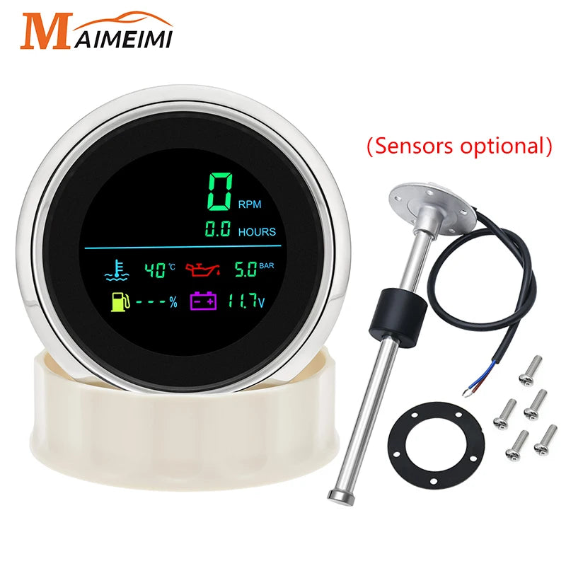 85mm 6 in 1 LCD MultiFunction Gauge | Tachometer Fuel Level Water Temp Oil Pressure Voltmeter Hour M