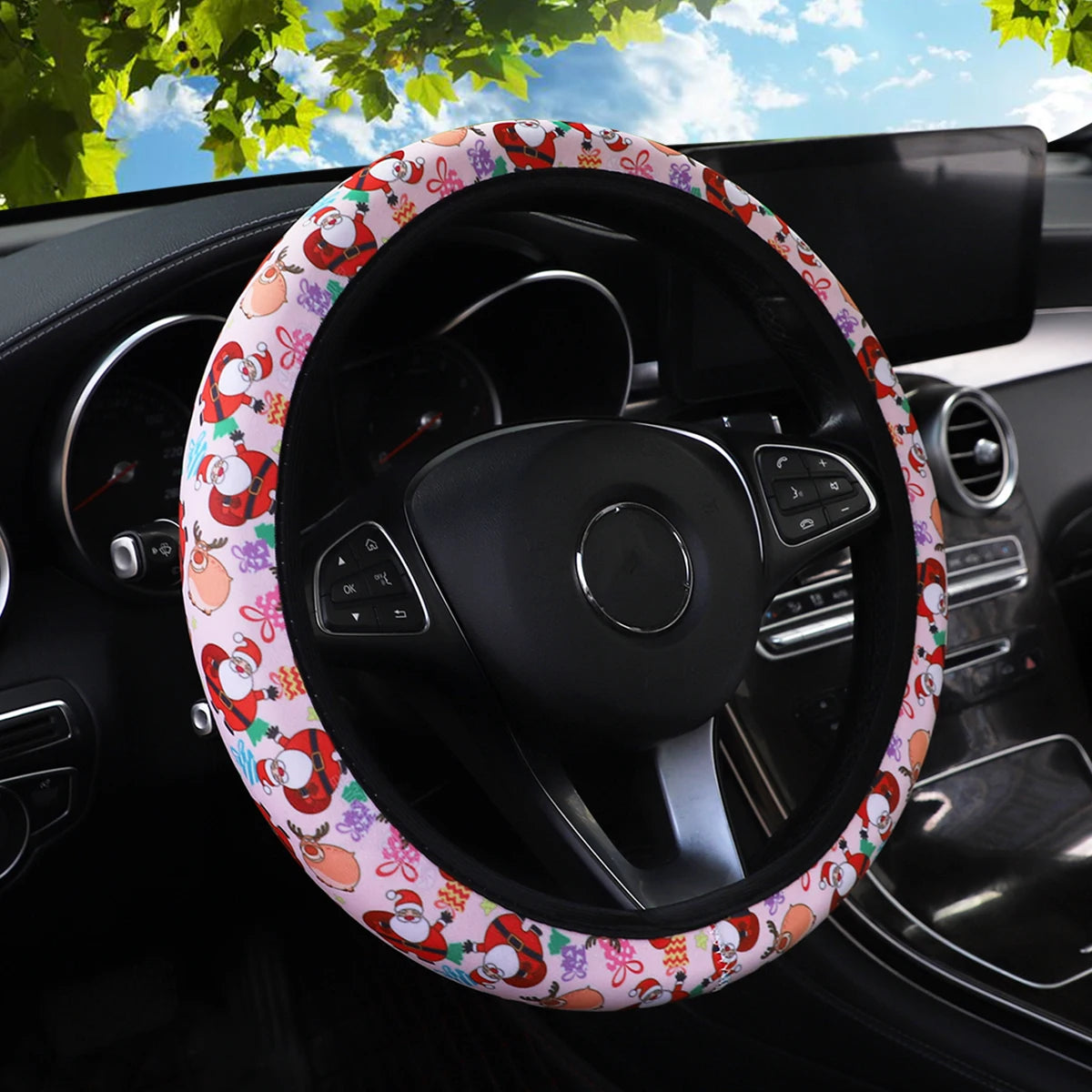 19 Diving material printed fabric car rimless steering wheel cover Christmas camouflag close-up view