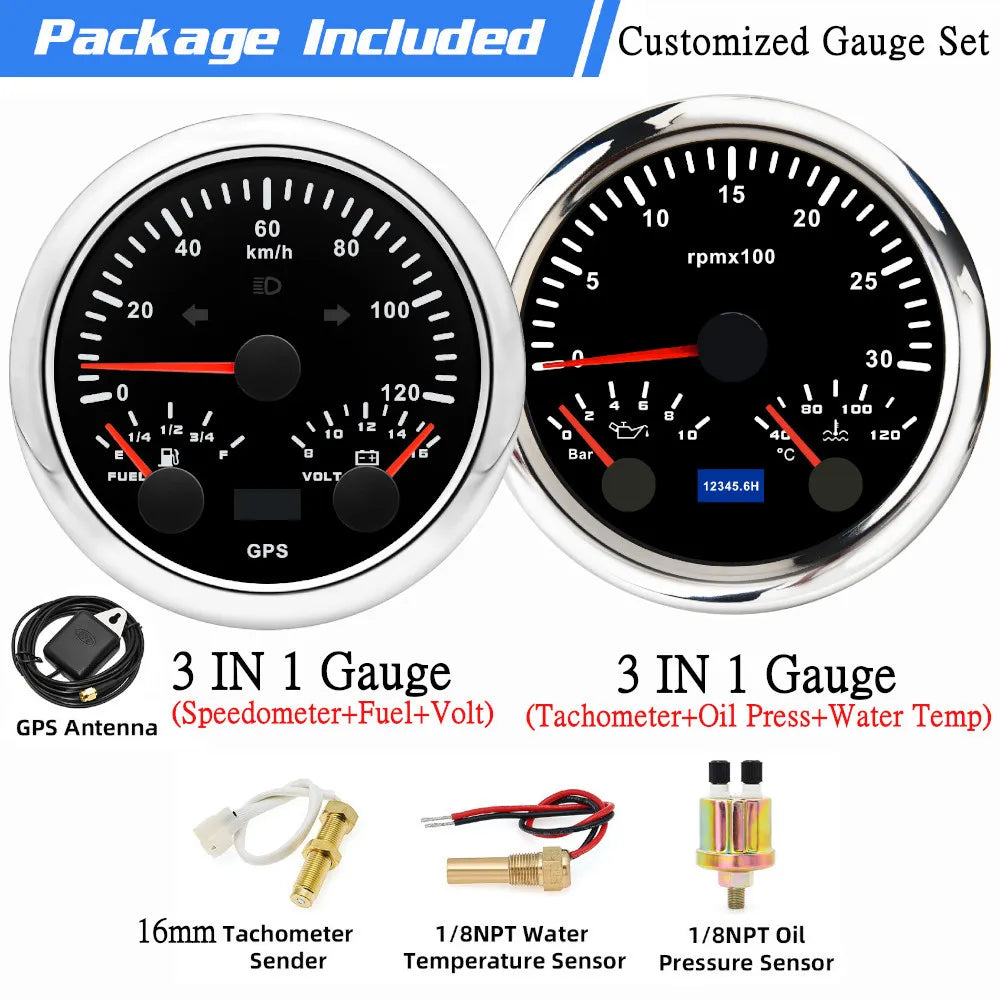 Custom 2 Gauges Set With Sensors Kit | 85mm 3-in-1 GPS Speedometer, Fuel, Tachometer, alternate view