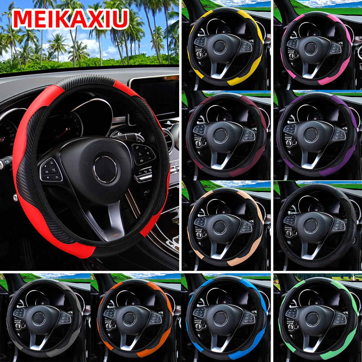Car Decoration PU Carbon Fiber Leather Car Steering Wheel Cover No Inner Ring Univers alternate view
