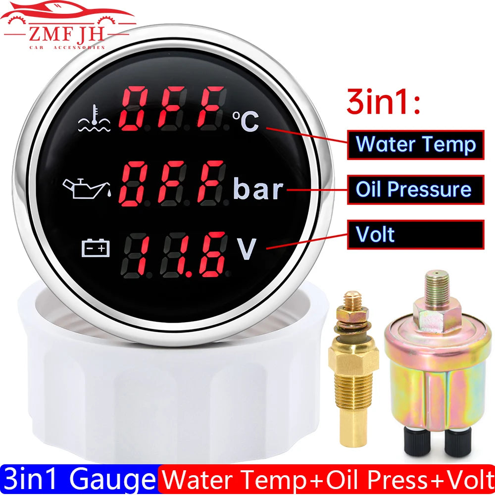 3 in 1 Digital 52mm Gauge with Alarm | Water Temperature, Oil Pressure, and Voltmeter