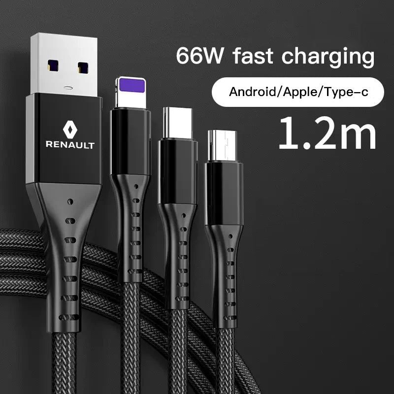 USB Car Charger with Data Cable | 3-in-1 Fast Charging Kit for Renault Models additional angle