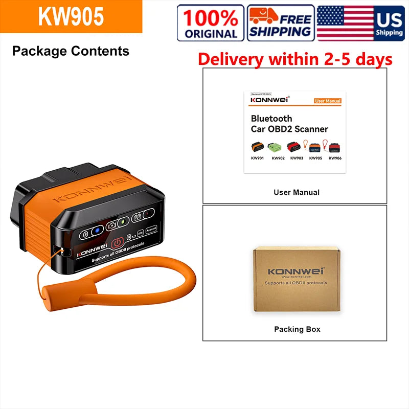 2025 KONNWEI KW905 OBD2 Bluetooth 5.0 ELM327 V1.5 Car Diagnostic Tool Engine Fault Cod close-up view