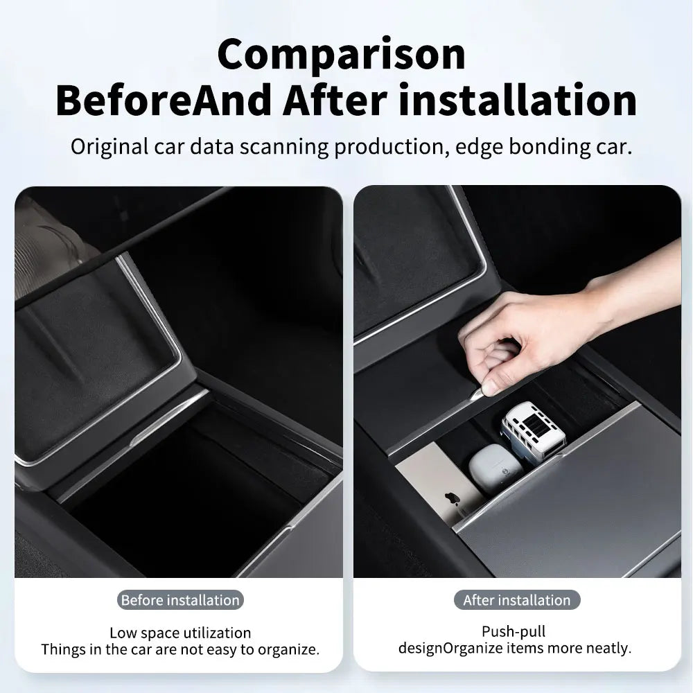 YZ For Tesla Highland Model 3 Y Juniper Hidden Storage Center Console Armrest Front and detail view