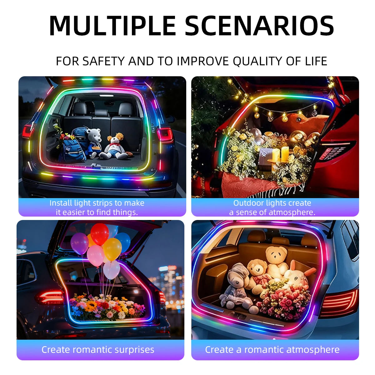 4M Universal Car Trunk LED Strip Light Flexible Multi-Color RGB Dynamic Flowing Decoration Neon Atmosphere Light for Auto Trunk
