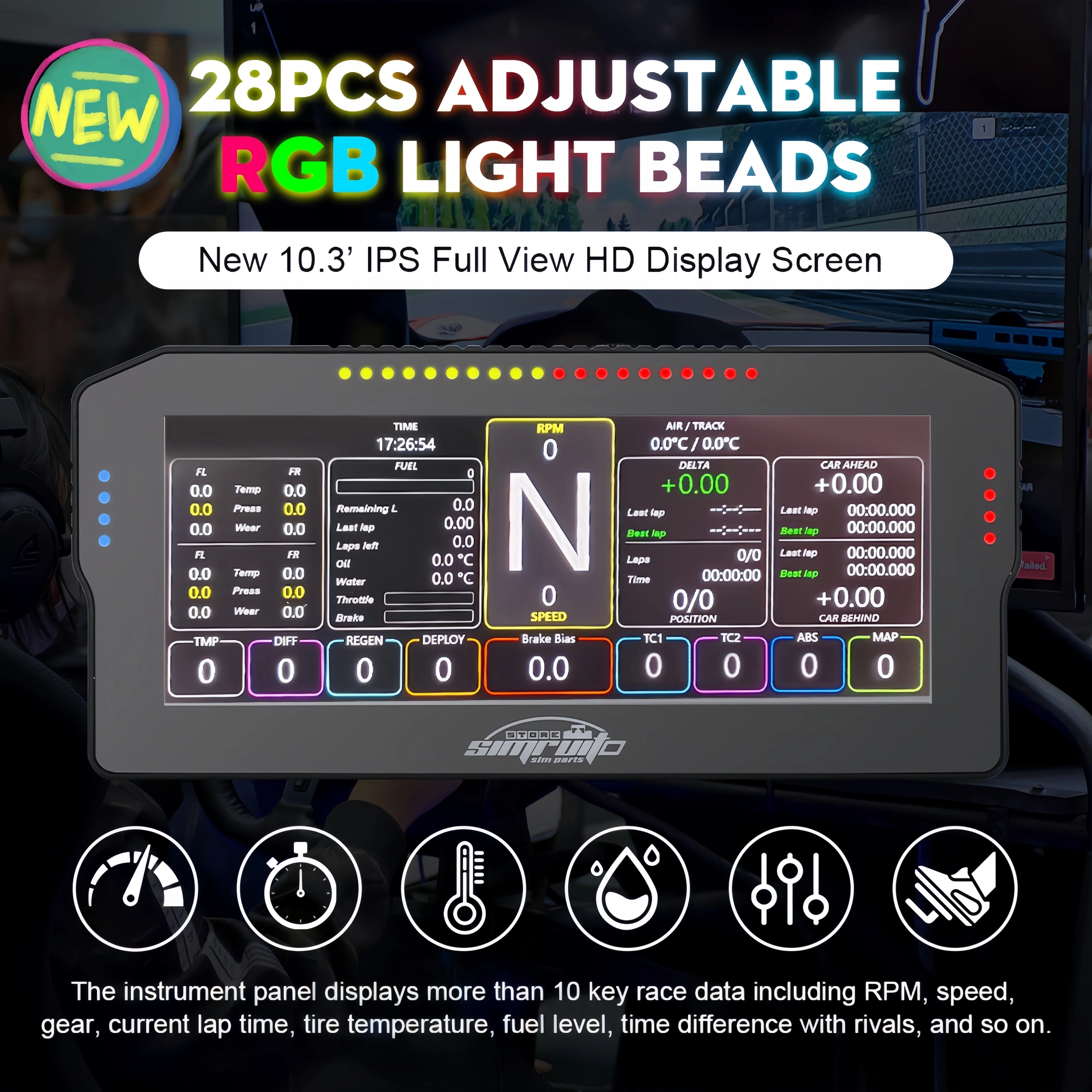 SimRuito Sim Racing Dashboard 10.3 Inch Display | Steering Wheel Dash for PC Simhub