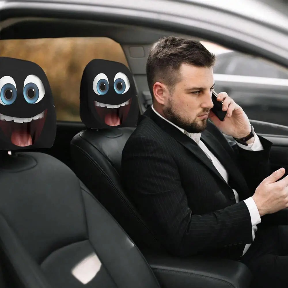 2PCS Blue Big Laugh Eyes Car Headrest Covers 2D Double Print Universal Funny Auto Dec lifestyle view