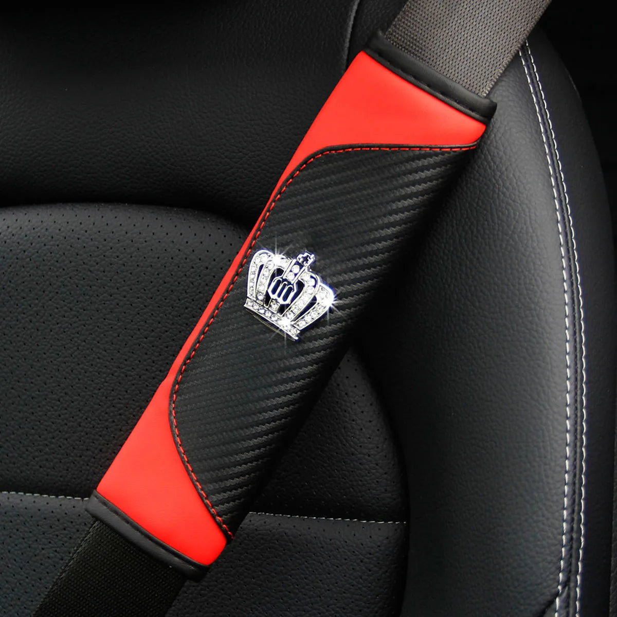 Diamond-Encrusted PU Carbon Fiber Leather Crown Car Shoulder Guard Safety Belt Decoratio detail view