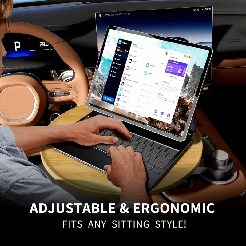 Steering wheel tray and car table - 360° Rotating Wooden Cup Holder Table,With car tr alternate view