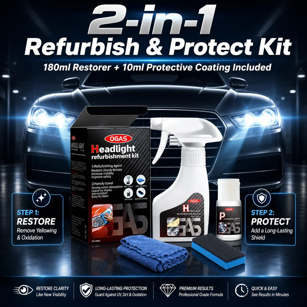 OGAS Car Headlight Restoration Coating Kit 180ml+10ml Yellow Oxidation Remover No Sanding Polishing Agent Auto Lamp Refurbish Protective Fluid with Cleaning Tools