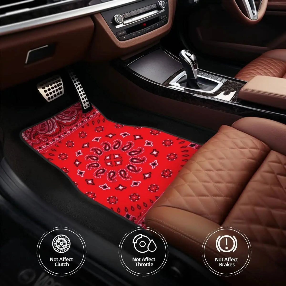 Red Bohemian Paisley Print Car Floor Mats 4Pcs Universal Anti-Slip Auto Carpet Interio close-up view