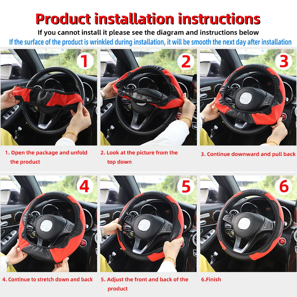 PU Carbon Fiber Leather Car Steering Wheel Cover Without Inner Ring Suitable for 14.5-15 detail view
