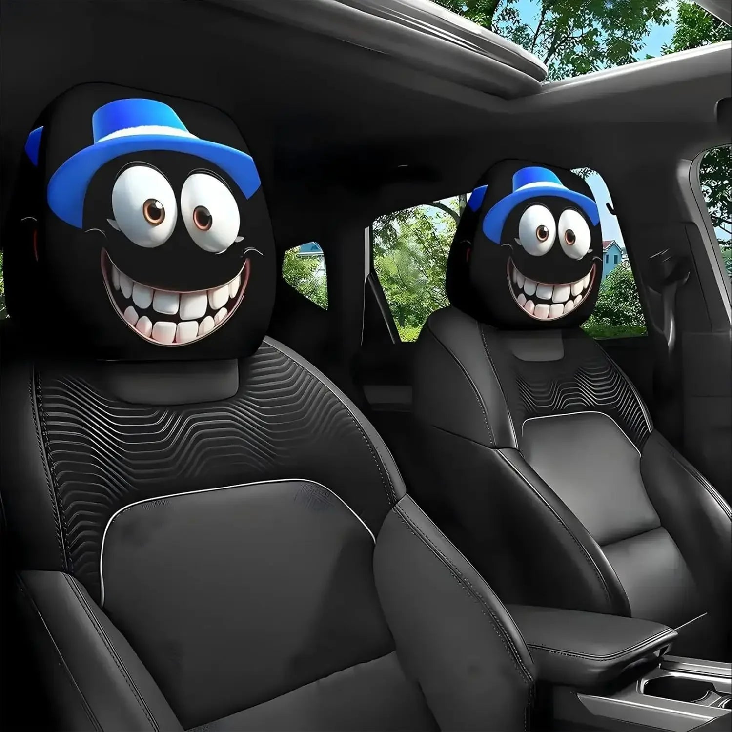 2PC Exaggerated Funny Car Headrest Covers Set, Cartoon Face Expression Auto Seat Protect detail view