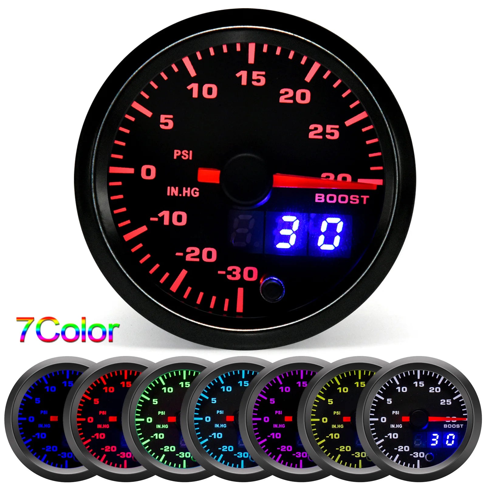 52mm 7 Color LED Car Gauge Set | Dual Display Boost Water Temp Oil Pressure Voltmeter close-up view