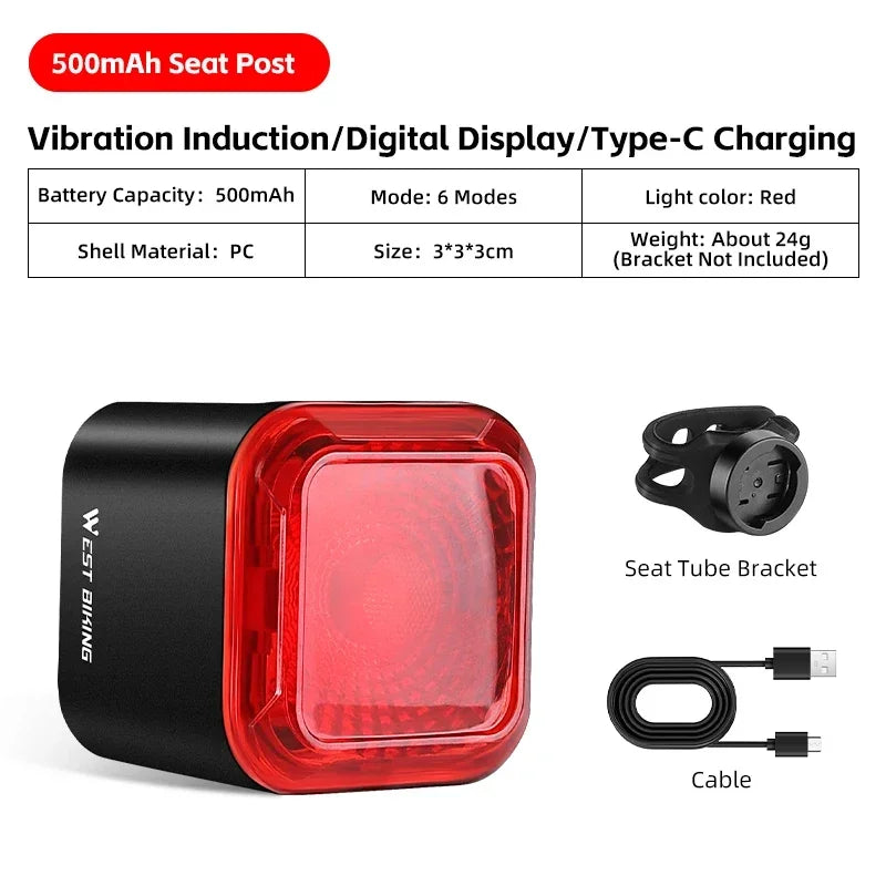 WEST BIKING Bike Tail Light Smart Sensing MTB Road Bike Rear Light IPX5 Waterproof Ty alternate view
