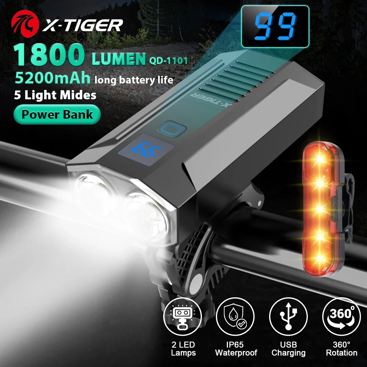 X-TIGER Bike Front Light Set Waterproof MTB Bicycle Lamp 5200mAh USB Rechargeable LED alternate view