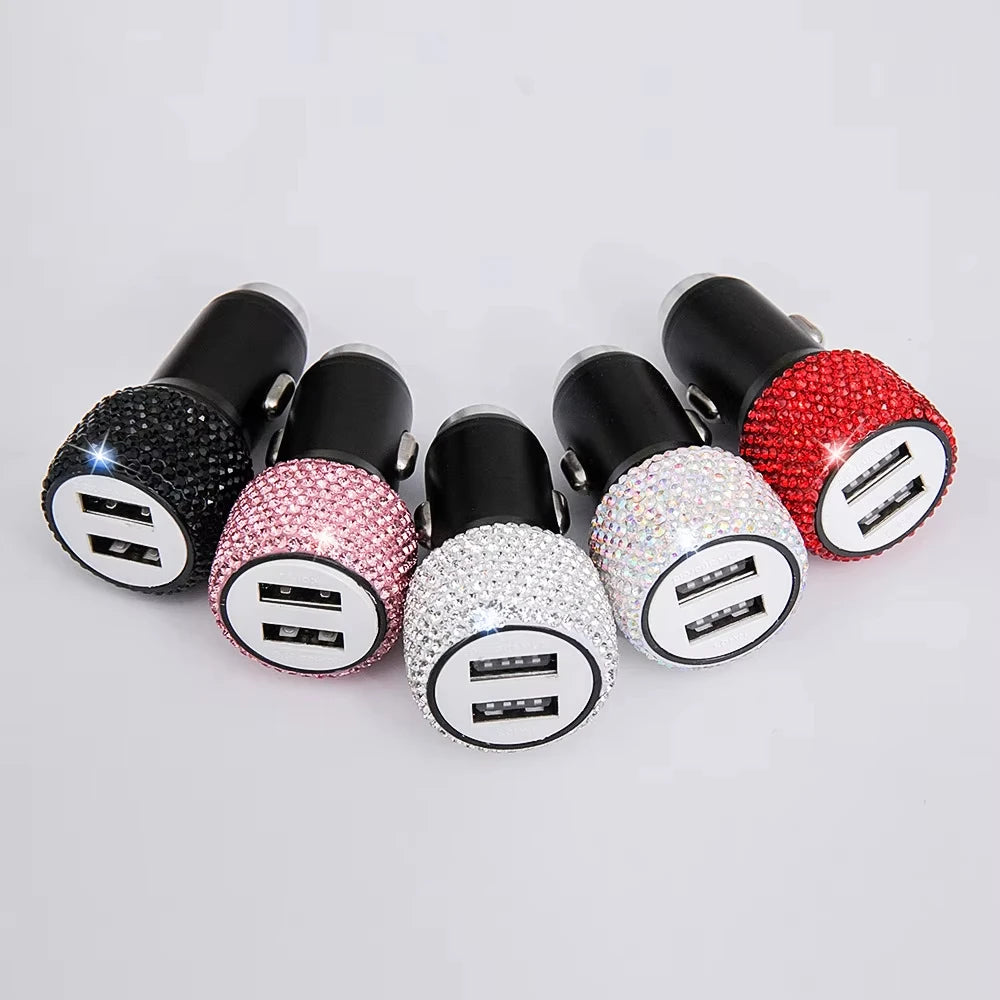 New Bling USB Car Charger 5V 2.1A Dual Port Fast Adapter Pink Car Decor Car Styling D lifestyle view