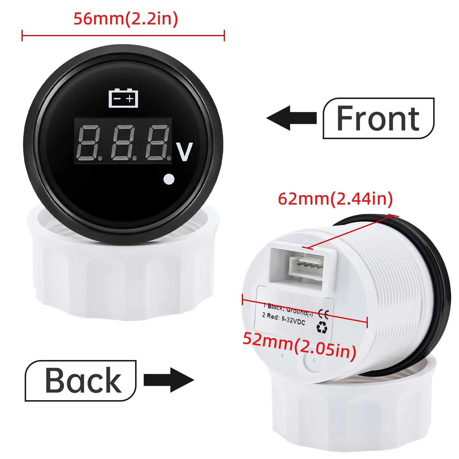 8-32V 28-48V 52mm Digital Voltmeter with Red Alarm Light | Waterproof Voltage Gauge f alternate view