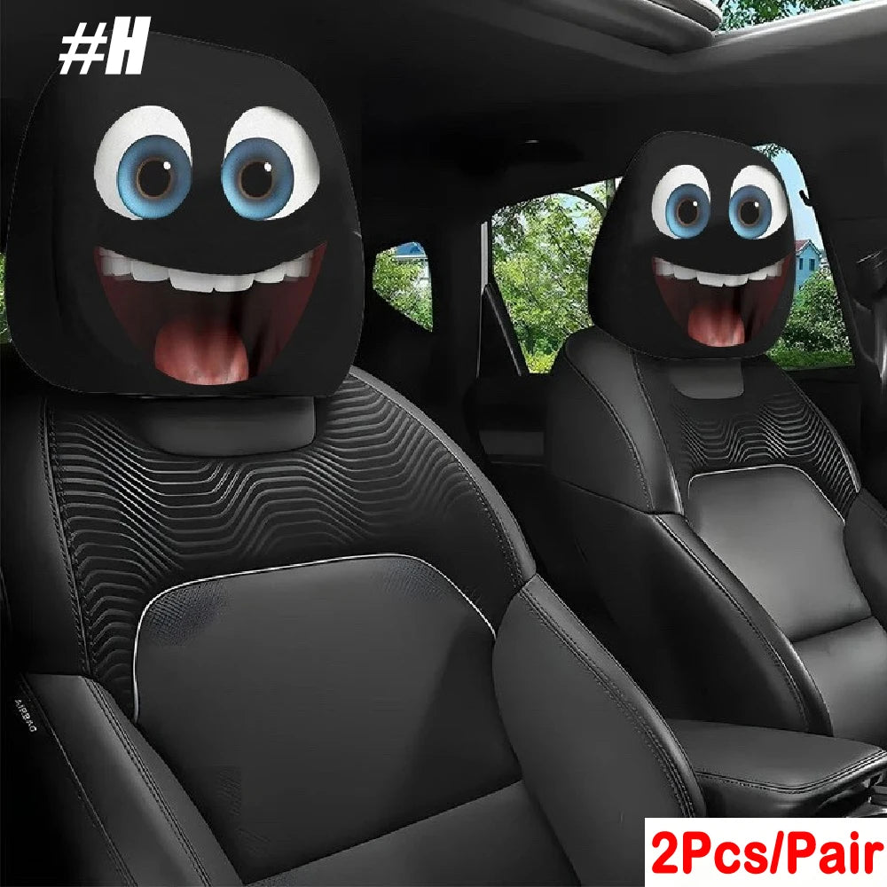 2PCS Generic Car Headrest Covers with Funny Smiley Face Design, Black Elastic Fabric, alternate view