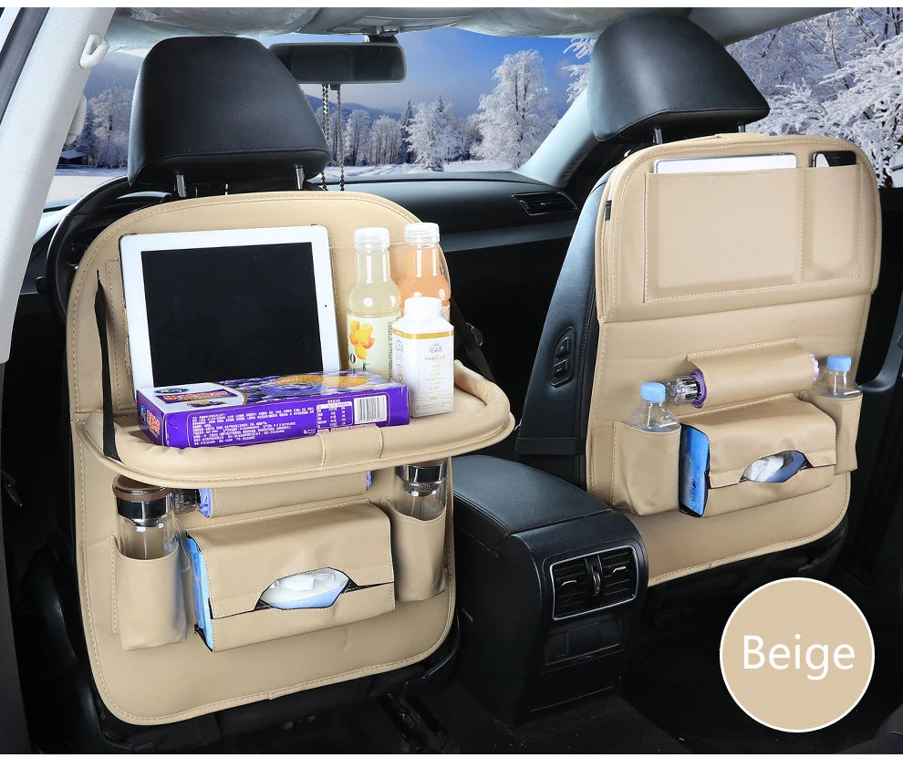 PU Leather Car Seat Back Organizer with Foldable Table