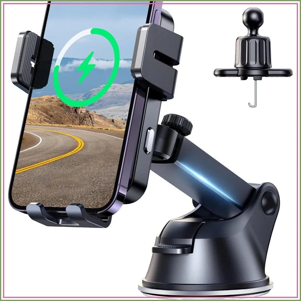 15W Qi Fast Wireless Car Charger, Auto-Clamping Phone Holder Mount for Windshield Dashboard Air Vent, Compatible with iPhone 16 Pro Max/15 Pro, Samsung S24/S23