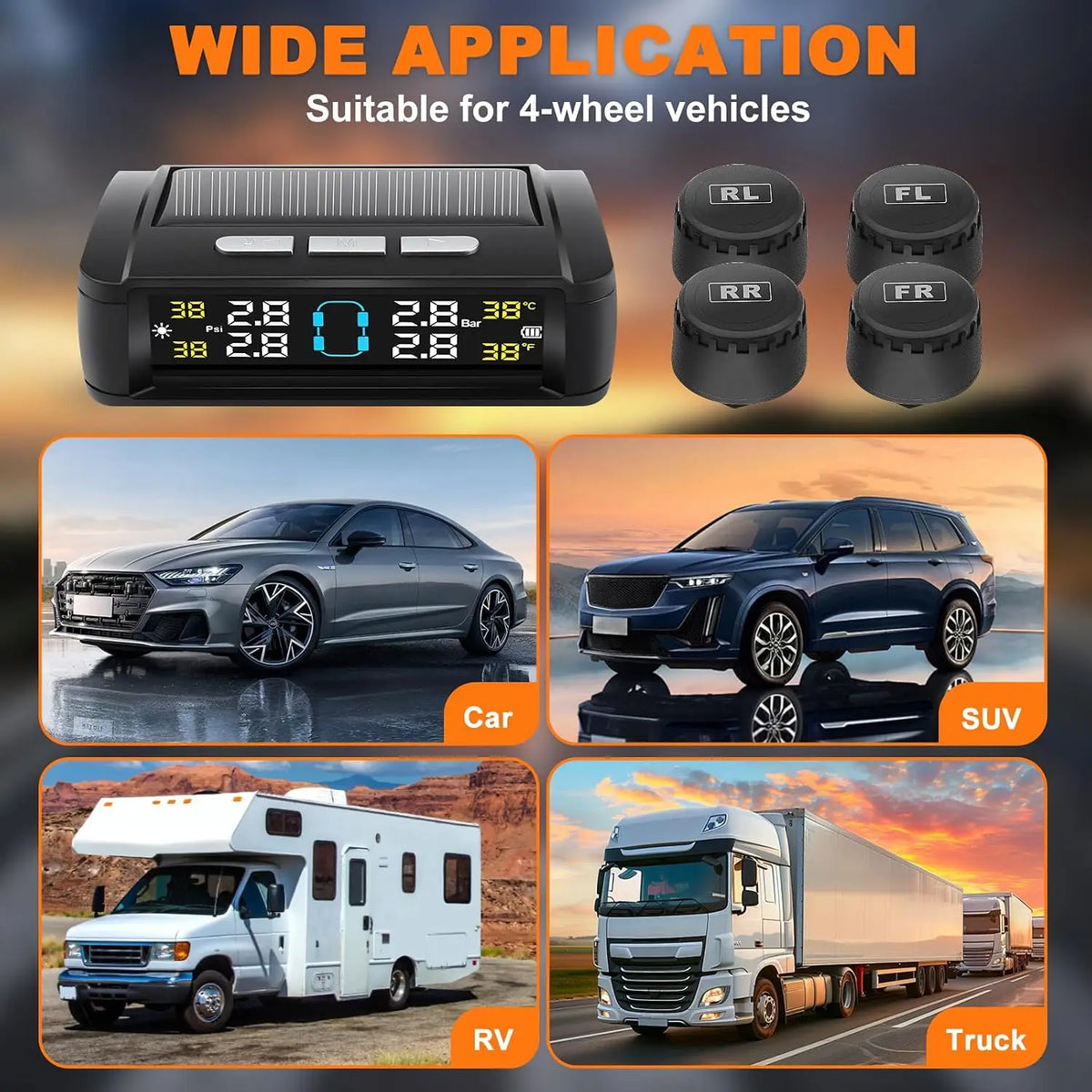 Tire Pressure Monitoring System, Universal Wireless TPMS with Solar And USB Charging, 5 Alarm Modes, Real-Time Monitoring of Pressure And Temperature, Auto And Color Display Screens, Suitable for 4-Wheeled Vehicles