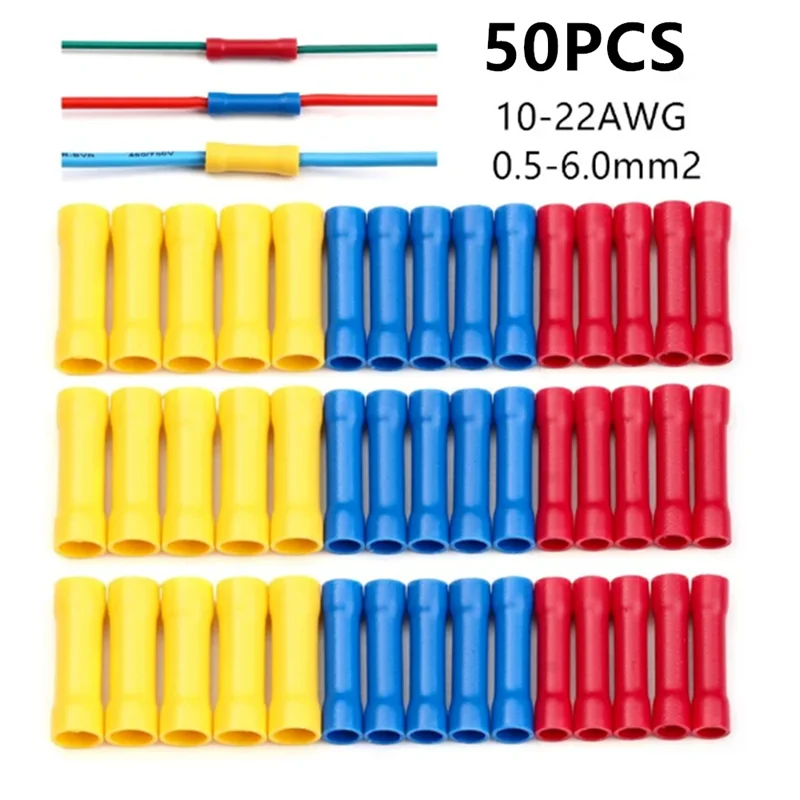 50pcs Assorted Insulated Crimp Terminals Electrical Wire Cable Butt Connectors Crimping Terminal BV1