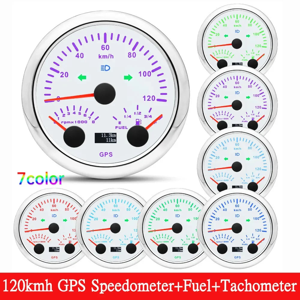 HD Customized 85MM 3 IN 1 Gauge 120kmh 120MPH GPS Speedometer Fuel Gauge Voltage Voltmeter Tachometer RPM Sesnor With Antenna