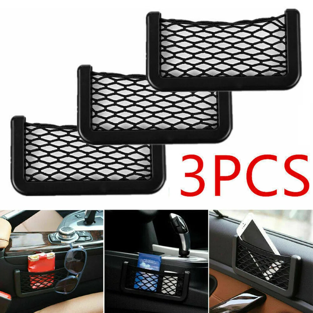 3pcs Universal Car Organizer Mesh Storage Bag | Seat Side Net Pocket for Phone and Sundries