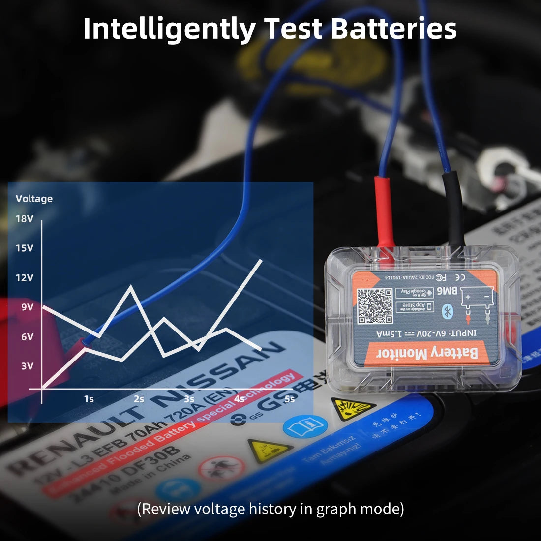 QUICKLYNKS BM6 Wireless Bluetooth 4.0 12V Battery Monitory with Car Battery Health Check APP Monitoring Battery Tester