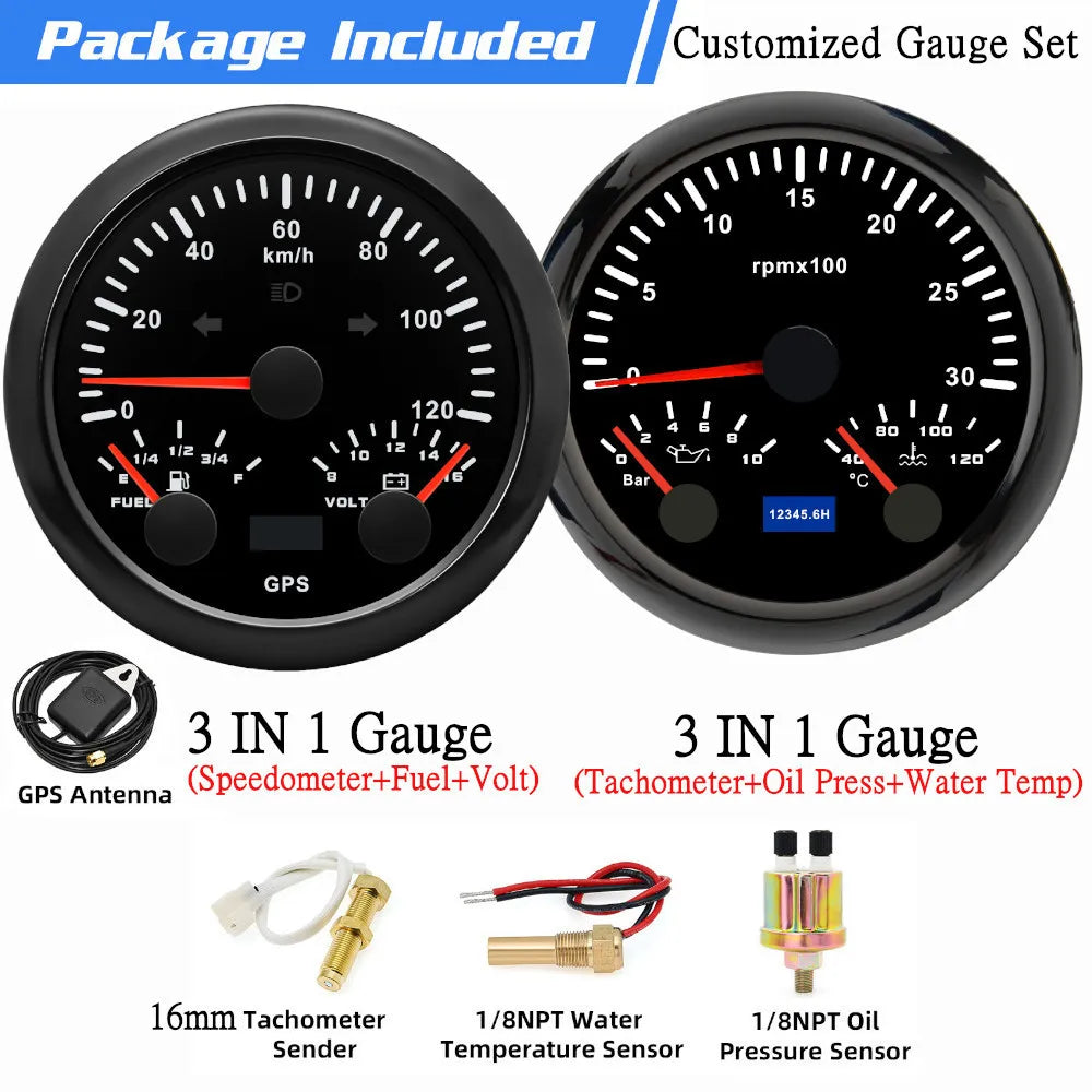 Custom 2 Gauges Set With Sensors Kit | 85mm 3-in-1 GPS Speedometer, Fuel, Tachomete additional angle