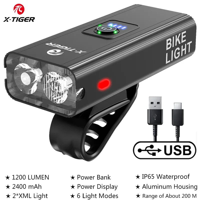 X-TIGER Bike Front Light Set Waterproof MTB Bicycle Lamp 5200mAh USB Rechargeable LED close-up view