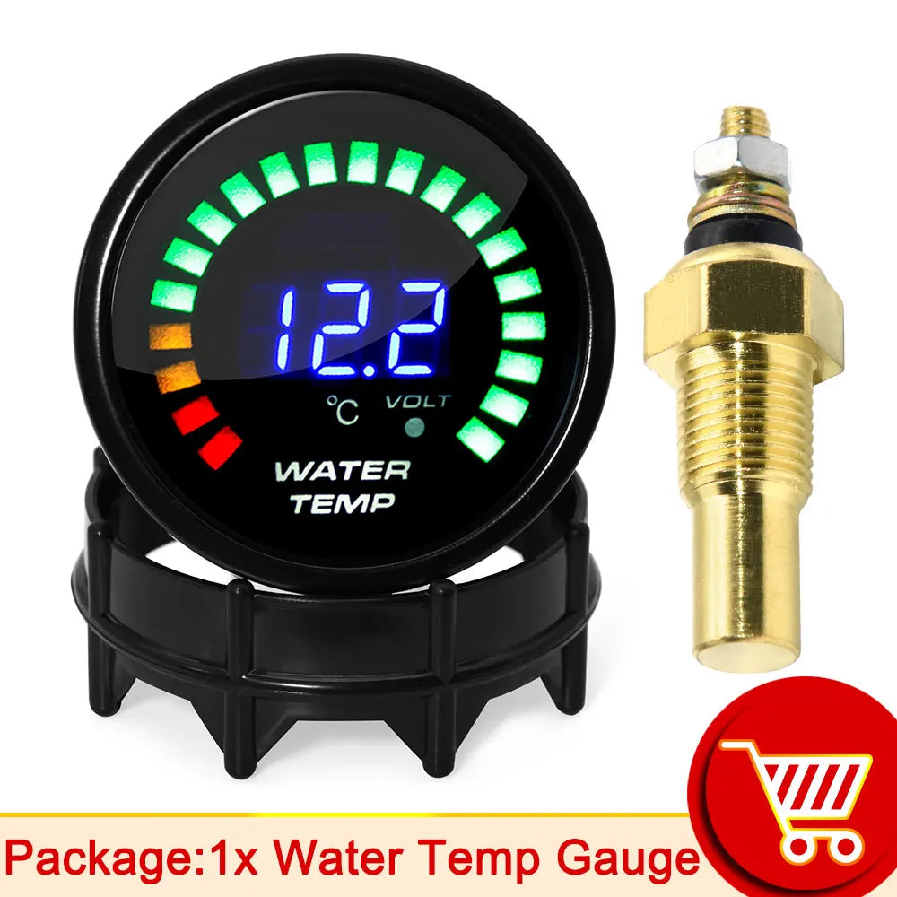52mm 20 LED Digital Car Gauge Set | Multi-Function Tachometer, Boost, Temp & Pressure close-up view