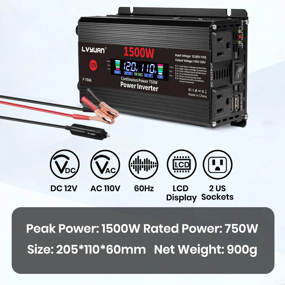 1500W/2000W/2600W DC12V to AC110V Portable Car Power Inverter Charger Converter Adapter US Socket Auto Accessories