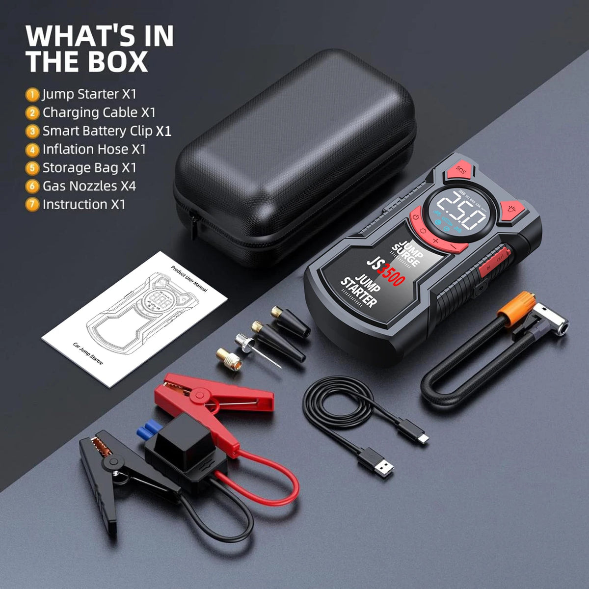 PAIVIROKU 5-in-1 Multifunctional Air Pump Jump Starter with Air Compressor 3000A Peak/150PSI Battery Jump Starter Digital Tire Inflator