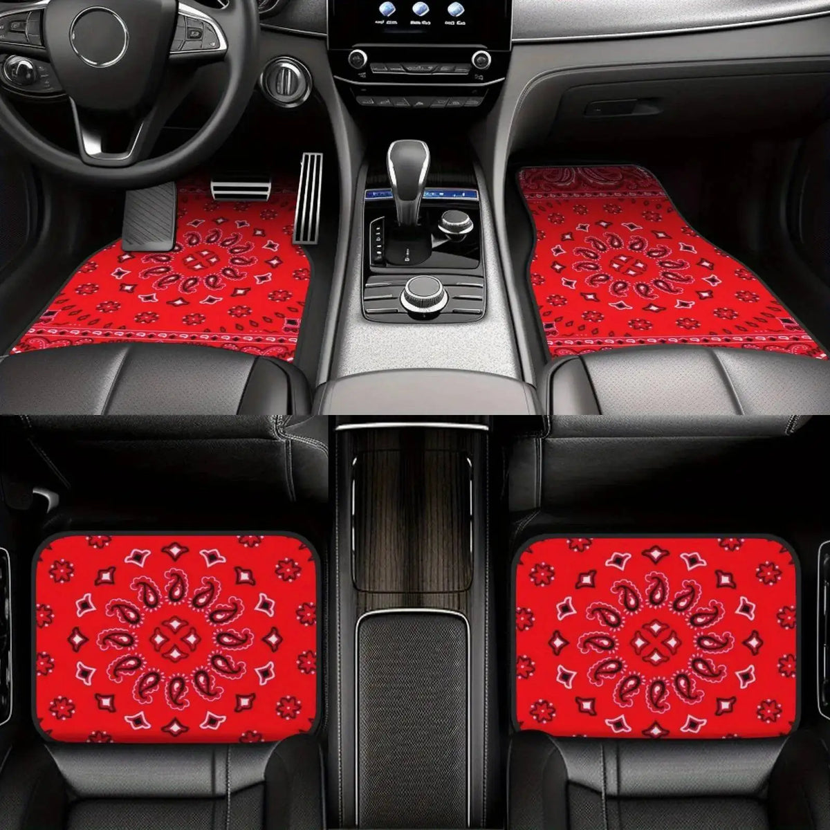 Red Bohemian Paisley Print Car Floor Mats 4Pcs Universal Anti-Slip Auto Carpet Interior detail view
