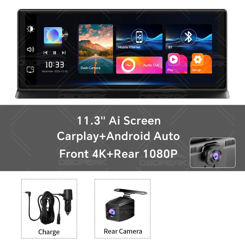 K2 Pro 11.3" Dash Cam 4K 2160P Car DVR Recording Carplay & Android Auto Wireless Conne close-up view