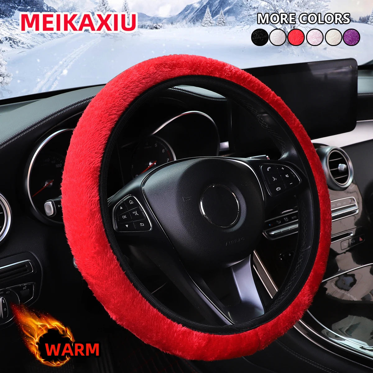 Winter Plush Steering Wheel Cover Black detail view