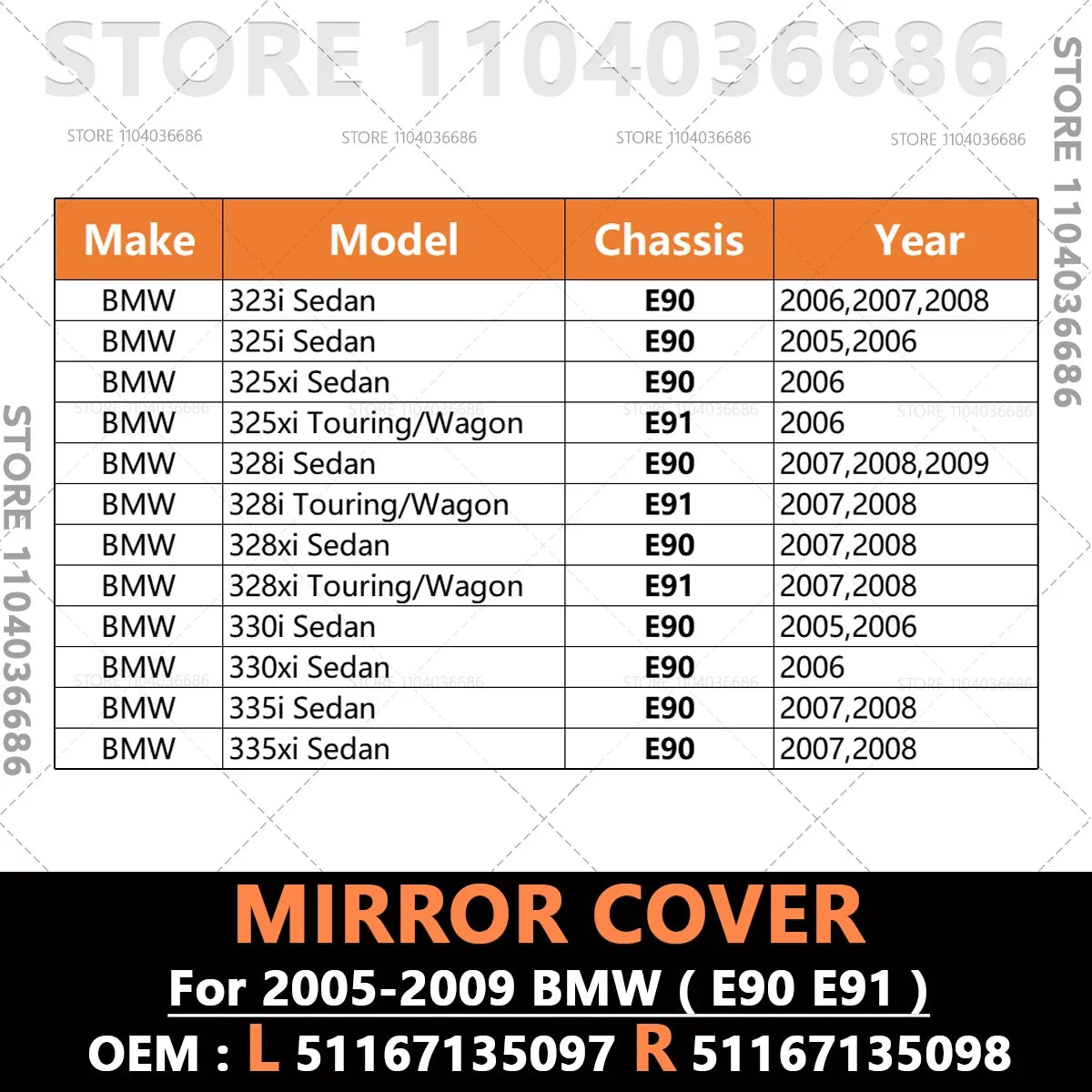 For 2005 2006 2007 2008 2009 BMW 323i 325i 325xi 328i 328xi 330i 330xi 335i 335xi (E90 E91) Rearview Mirror Cover Caps